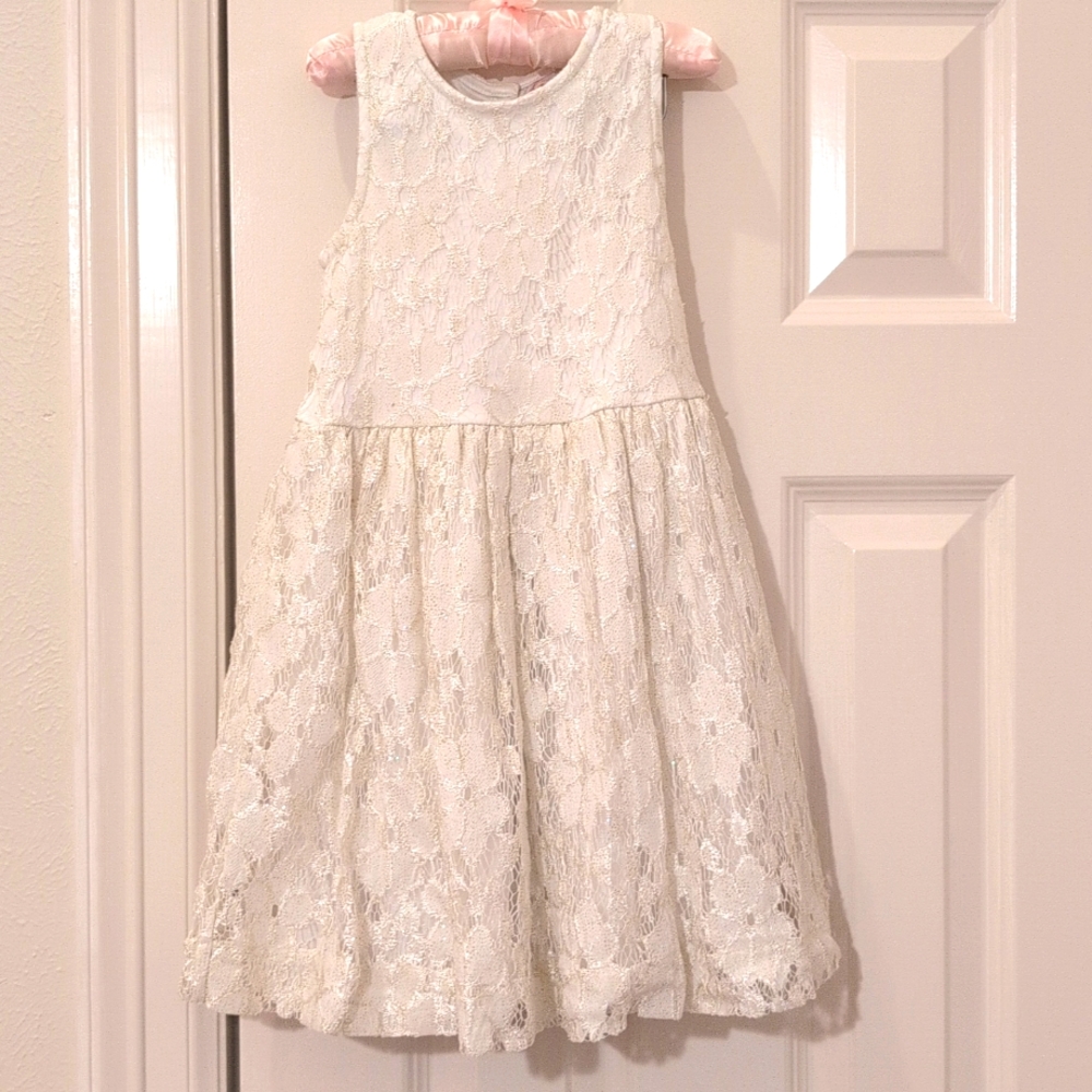 Ruby & Bloom Kids Girls White Dress With Gold Glitter Flower Lace Size 5T
